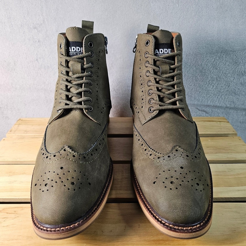 Madden by Steve Madden Mens Wingtip Brogue Boots Olive Green Side Zip Size 11